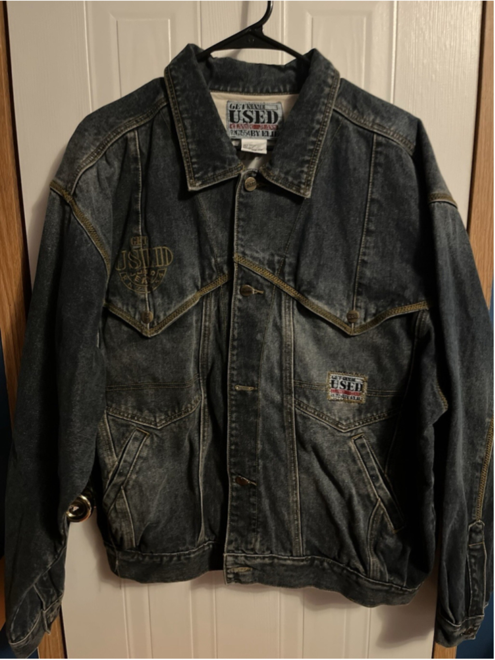 Vintage 80’s Get USED By Elie Blue Jean & Print Denim Jacket SIZE LARGE RARE